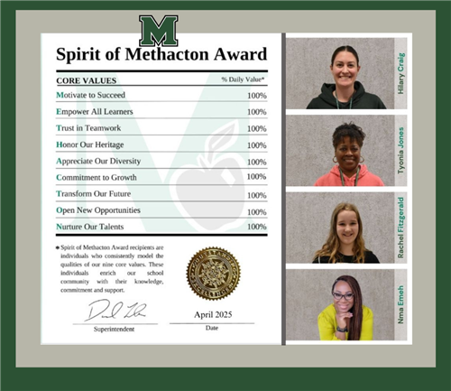 Spirit of methacton certificate with photos of four recipients